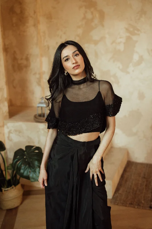 Kai Black Cape and blouse with Embroidery Floral Print Blouse