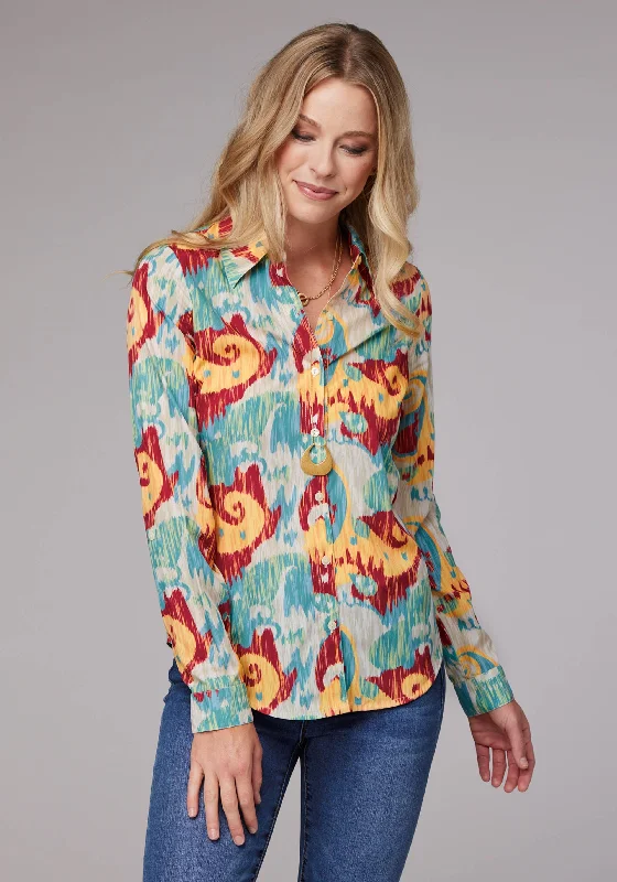 WOMENS LONG SLEEVE BUTTON IKAT PAISLEY PRINT POLY CREPE WESTERN SHIRT WITH TAB AND BUTTON ON SLEEVES Sequined Glittery Shiny