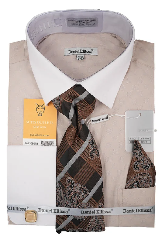 Beige White French Cuff Dress Shirt Set with Tie, Cuff Links and Pocket Square Solid Color Striped Floral