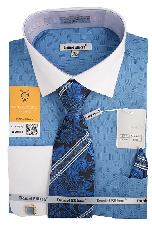 Blue White French Cuff Dress Shirt Set with Tie, Cuff Links and Pocket Square Lace Blend Ribbed Blend Corduroy Blend