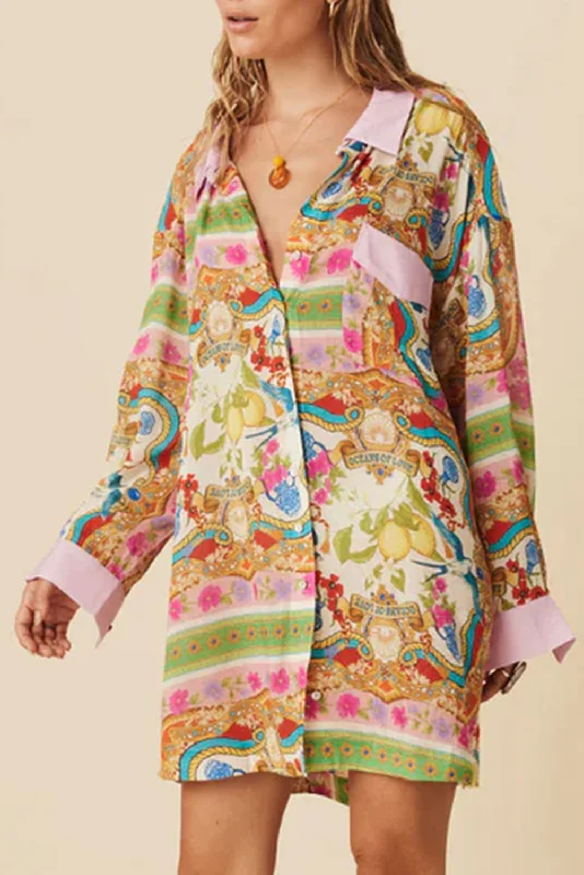 Blue Zone Planet |  Multicolour Boho Floral Print Buttoned Long Sleeve Shirt Dress Layered Multi-layer Single Layer