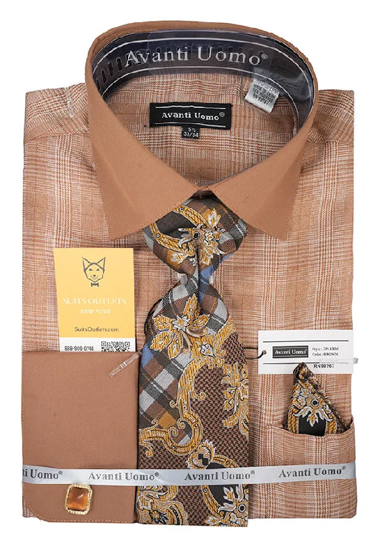 Brown Plaid French Cuff Dress Shirt Set with Cuff Links, Tie and Pocket Square Elegant Classic Vintage