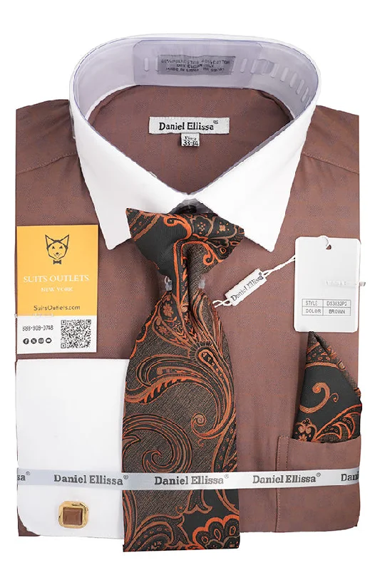 Brown White French Cuff Dress Shirt Set with Tie, Cuff Links and Pocket Square Basic T-Shirt Crew Neck Short Sleeve