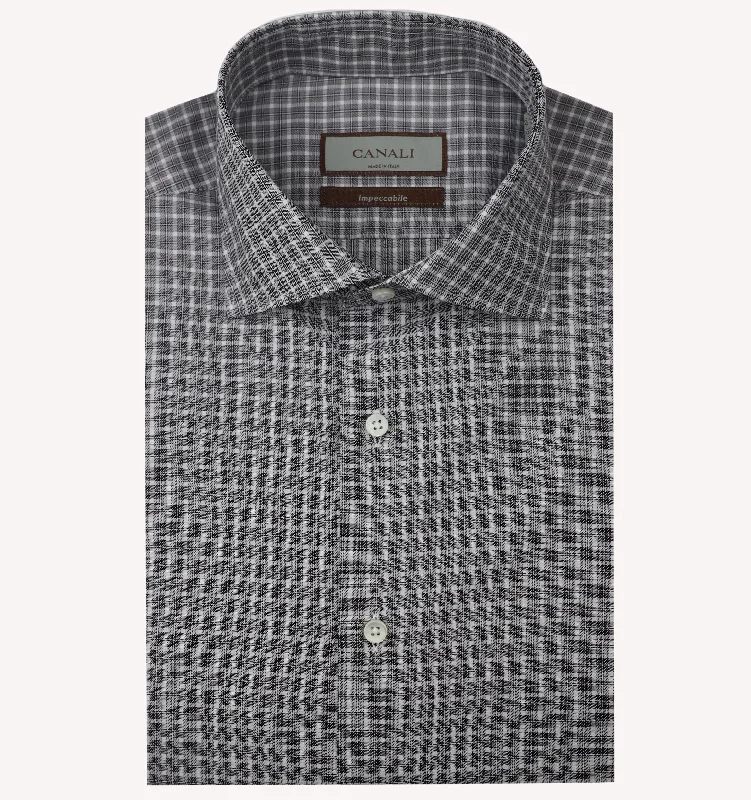 Canali Check Dress Shirt in Charcoal Grey Handmade Hand-knitted Hand-woven