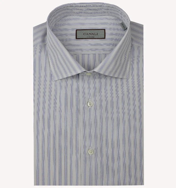 Canali Stripe Dress Shirt in Light Grey Blue Chenille Brocade Lace