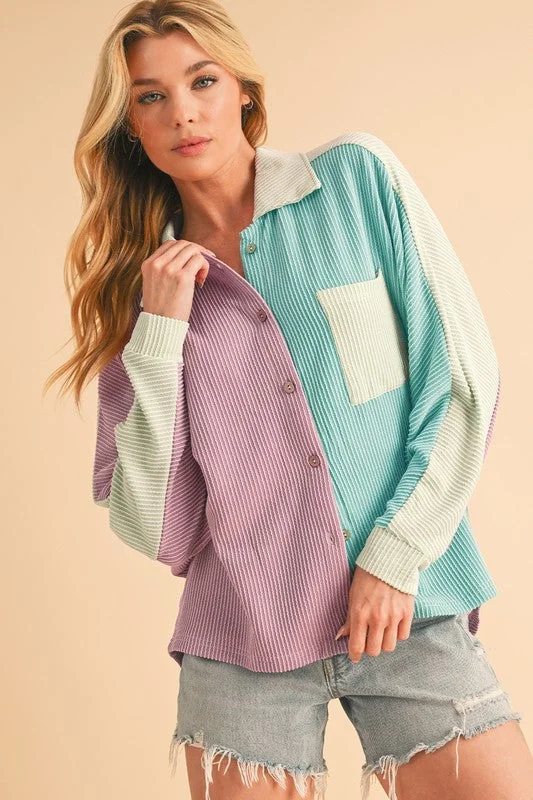 Color Block Crinkle Rib Buttoned Oversized Shirt Elegant Classic Vintage