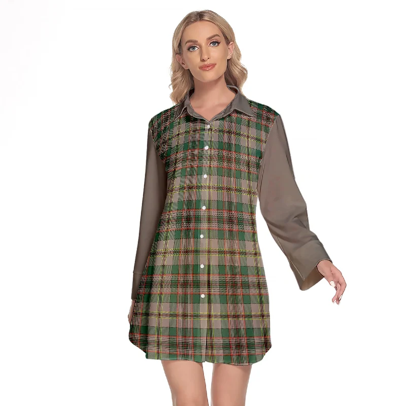 Craig Ancient Tartan Women's Lapel Shirt Dress With Long Sleeve Houndstooth Herringbone Solid