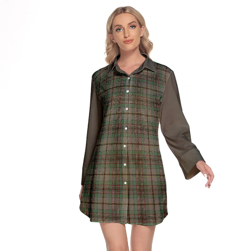 Craig Tartan Women's Lapel Shirt Dress With Long Sleeve Plaid T-Shirt Polka Dot Checkered