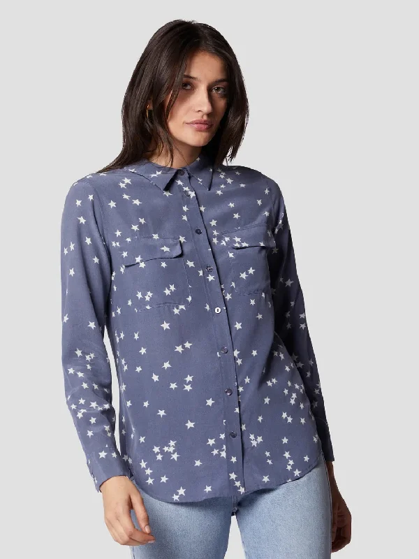 EQUIPMENT Slim Signature Silk Shirt - BLUE STONE STAR PRINT Basic T-Shirt Crew Neck Short Sleeve