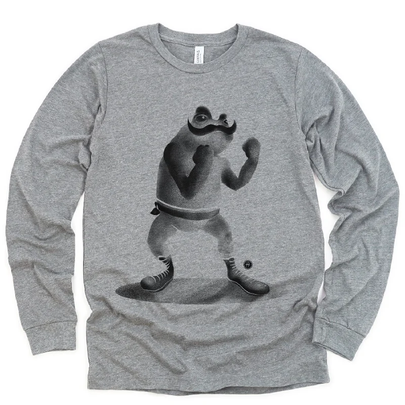 Fighting Frog Long Sleeve T-Shirt: Leap into Action Solid Print Embellished