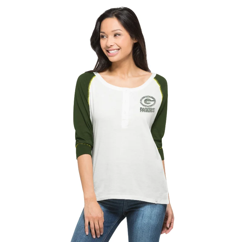 Green Bay Packers Women's White Wash Henley Shirt Collared T-Shirt Boat Neck A-Line