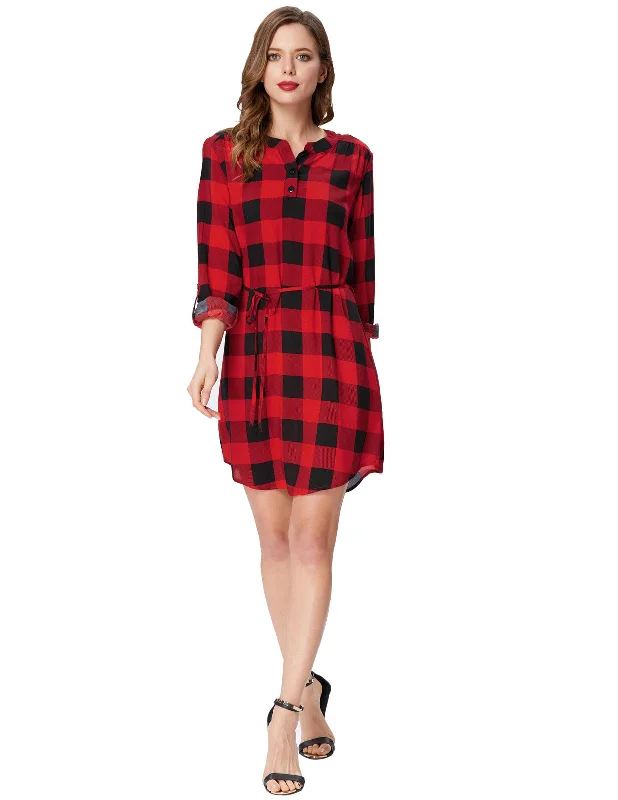 Grid Pattern Comfy Roll-up Sleeves V-Neck Cotton Shirt Dress Rayon Velvet Corduroy