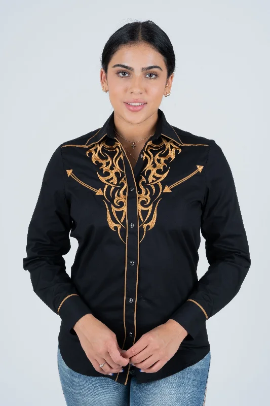 Ladies Cotton Black Embroidery Western Shirt Zippered Front Buttoned Front Snap Front