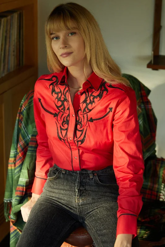 Ladies Cotton Red Embroidery Western Shirt Solid Print Embellished