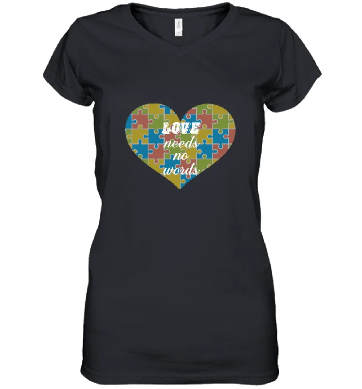 Love needs no words Autism Awareness DayT shirt Women's V-Neck T-Shirt Chenille Brocade Lace