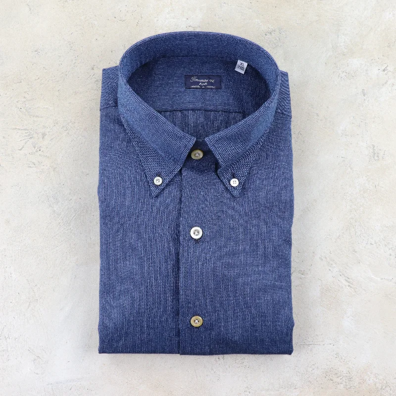 Microstripe Cotton-Cashmere Sport Shirt in Indigo Silk Blend Satin Velvet