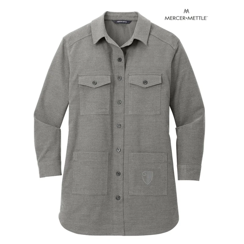 NEW STRAYER Mercer+Mettle™ Women’s Long Sleeve Twill Overshirt - Light Anchor Grey Heather Embroidered Appliqued Beaded