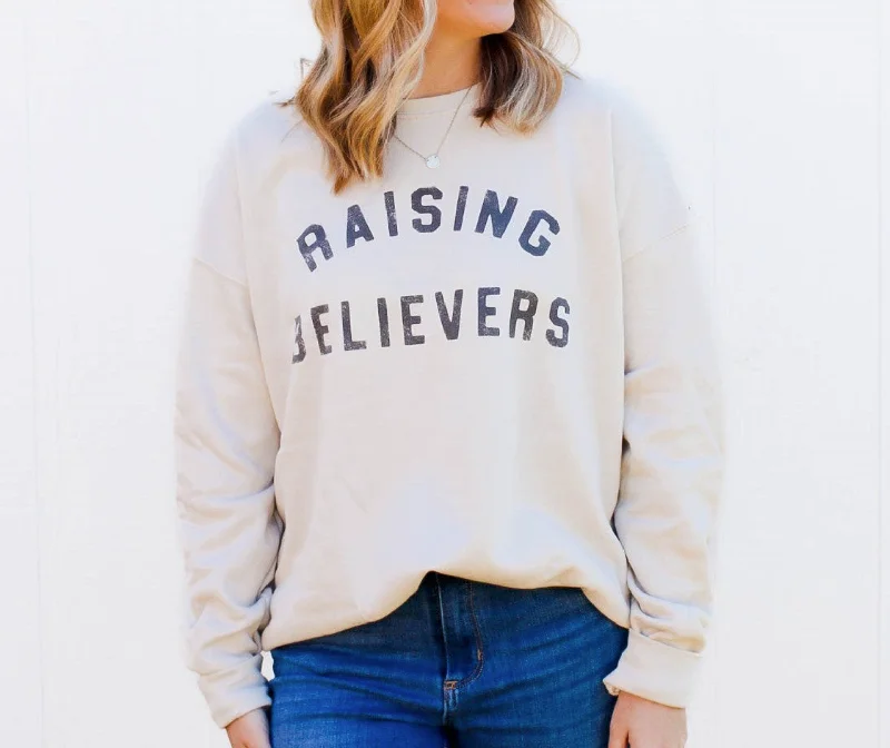 Oat Collective Women's RAISING BELIEVERS Graphic Sweatshirt Top in Heather Dust Terry Blend Velvet Blend Canvas Blend