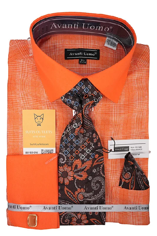 Orange Plaid French Cuff Dress Shirt Set with Cuff Links, Tie and Pocket Square Cotton Fabric Linen Fabric Terry Fabric