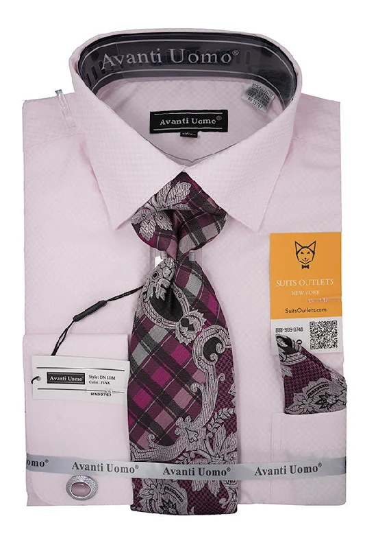 Pink Mini-Check French Cuff Dress Shirt Set with Tie, Cuff Links and Pocket Square Jersey Fabric Tulle Fabric Batik Fabric