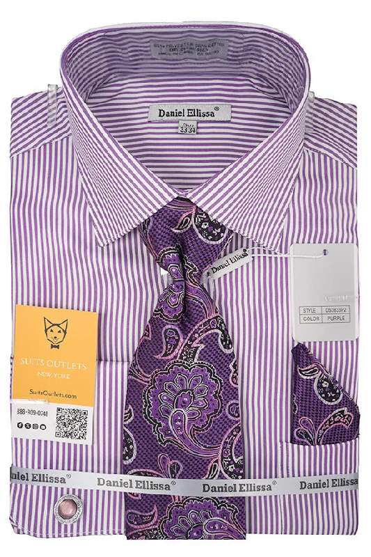 Purple White Bold Stripe French Cuff Dress Shirt with Tie, Cuff Links and Pocket Square Asymmetrical Pockets Print