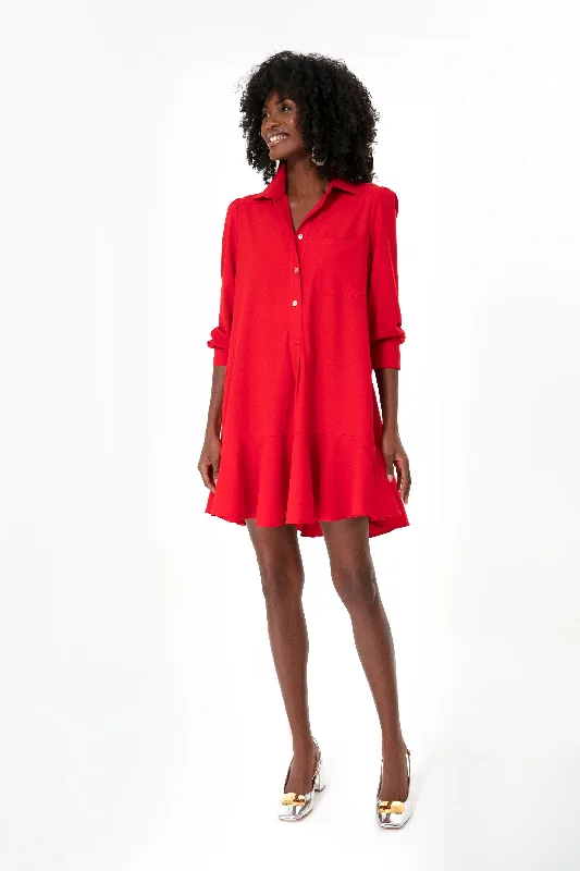 Red Crepe Callahan Shirt Dress Spandex Blend Rayon Blend Denim Blend