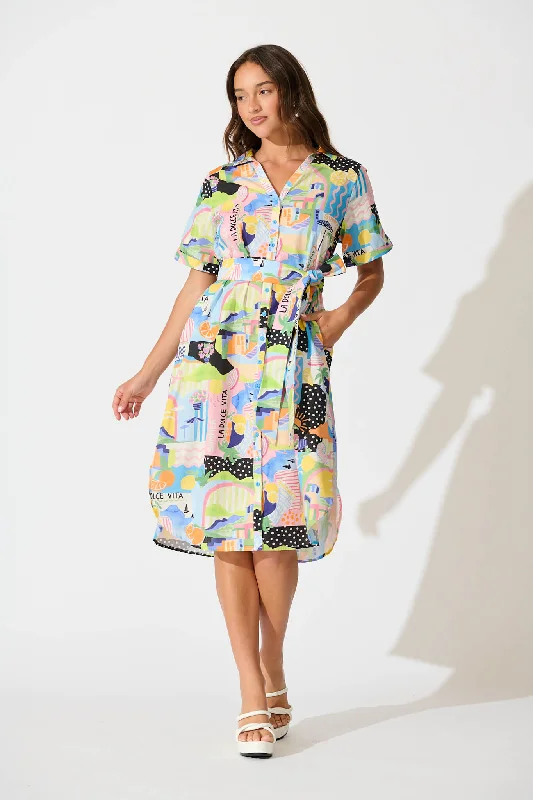 Saskia Midi Shirt Dress in Multi Summer Print Cotton Mesh Fabric Canvas Fabric Denim Fabric