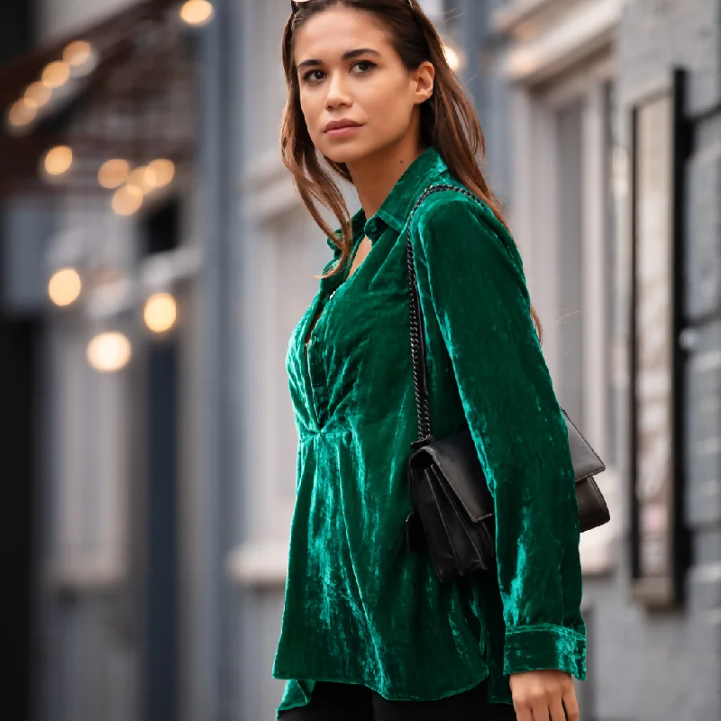 Silk Velvet Shirt In Emerald Green Hooded Caped Shawl Collar