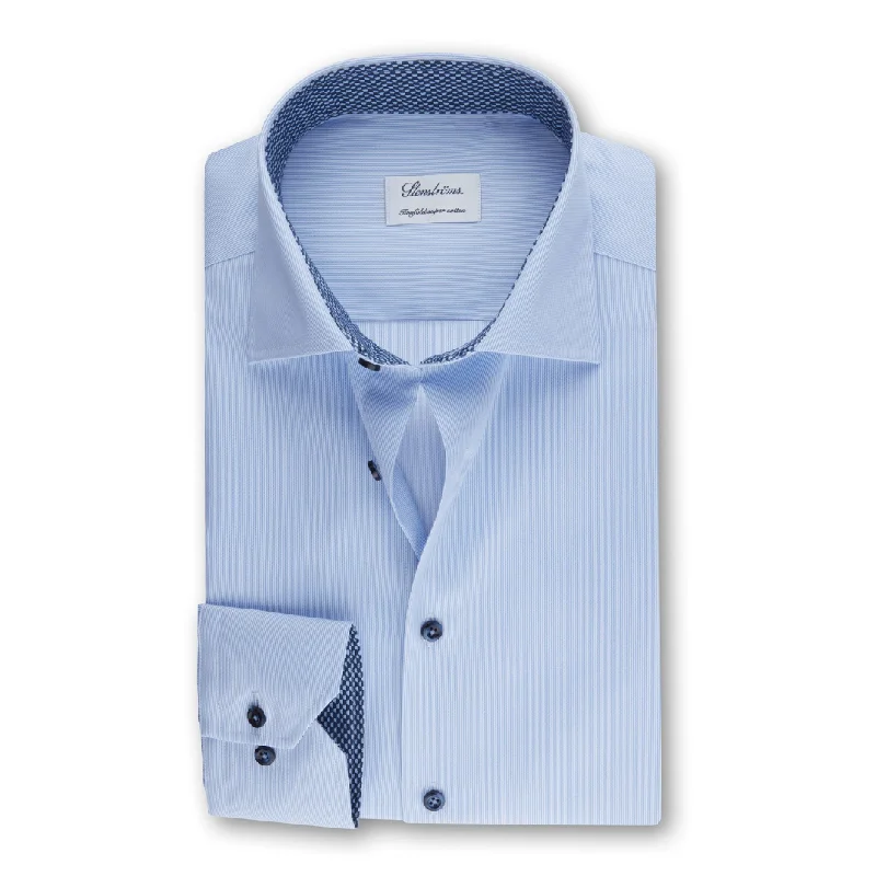 Stenstroms Light Blue Pinstriped Contrast Dress Shirt - Fitted Body Zippered Front Buttoned Front Snap Front