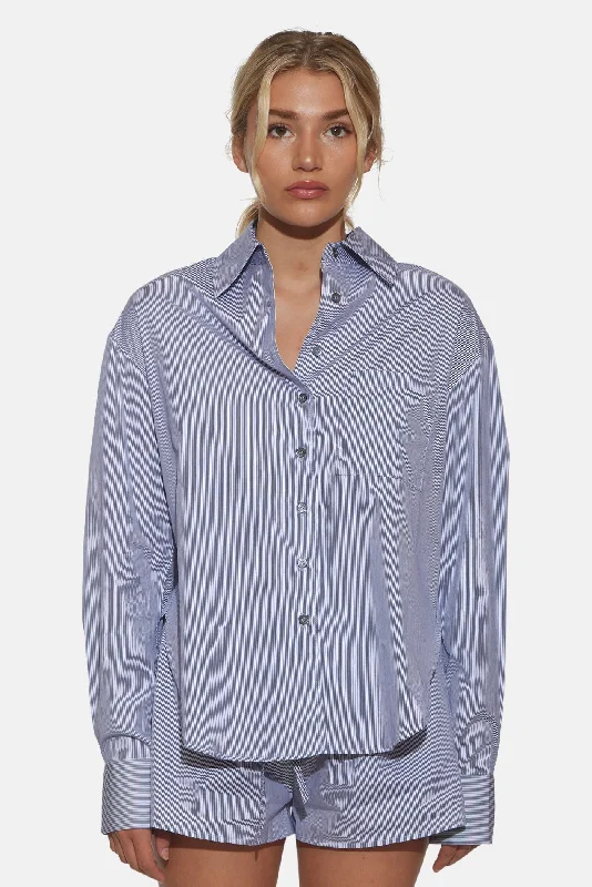 Lily Poplin Boyfriend Shirt Micro Pinstripe Navy/White Striped Floral Plaid