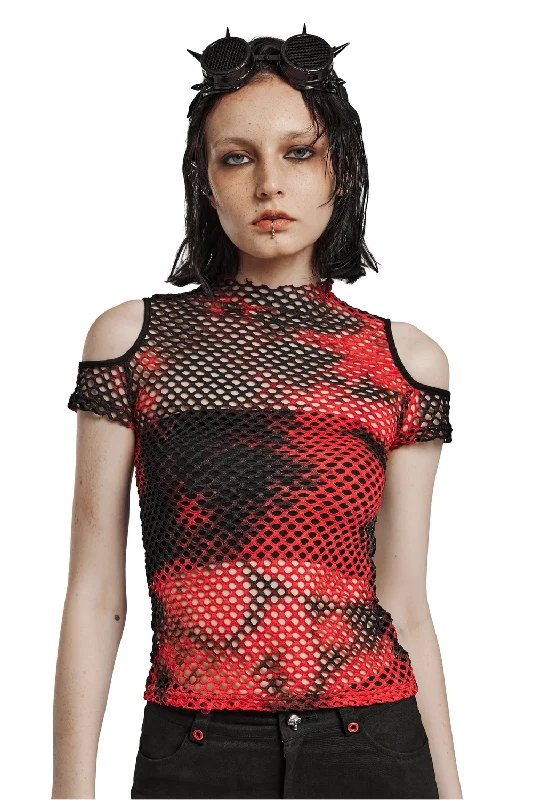 Trendy Punk Mesh T-shirt in Bold Tie-Dye Colors Print Jacquard Patchwork