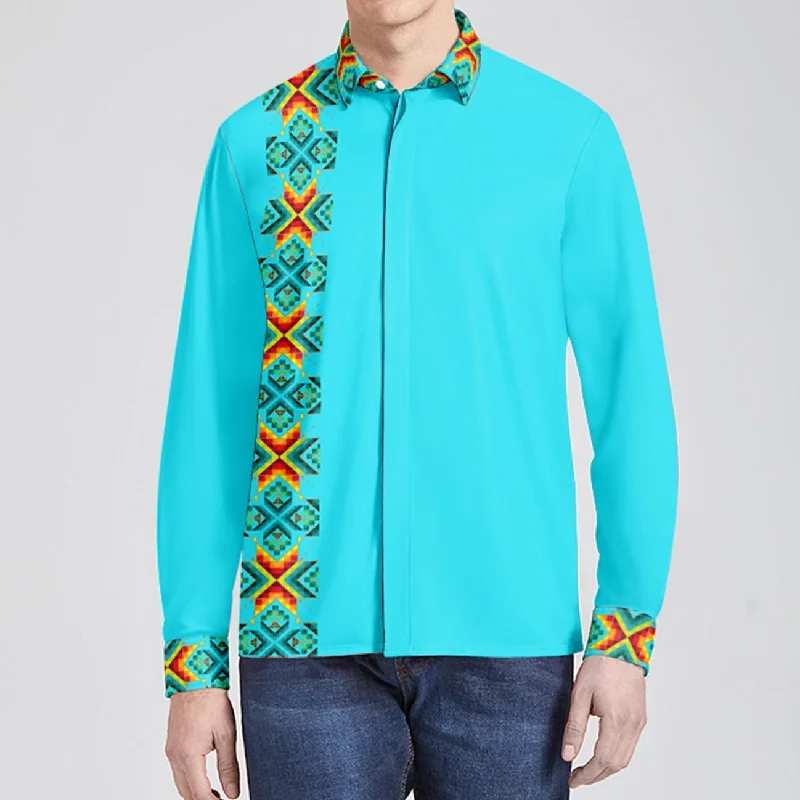 Turquoise Blanket Strip Men's Long Sleeve Dress Shirt Embroidered Appliqued Beaded