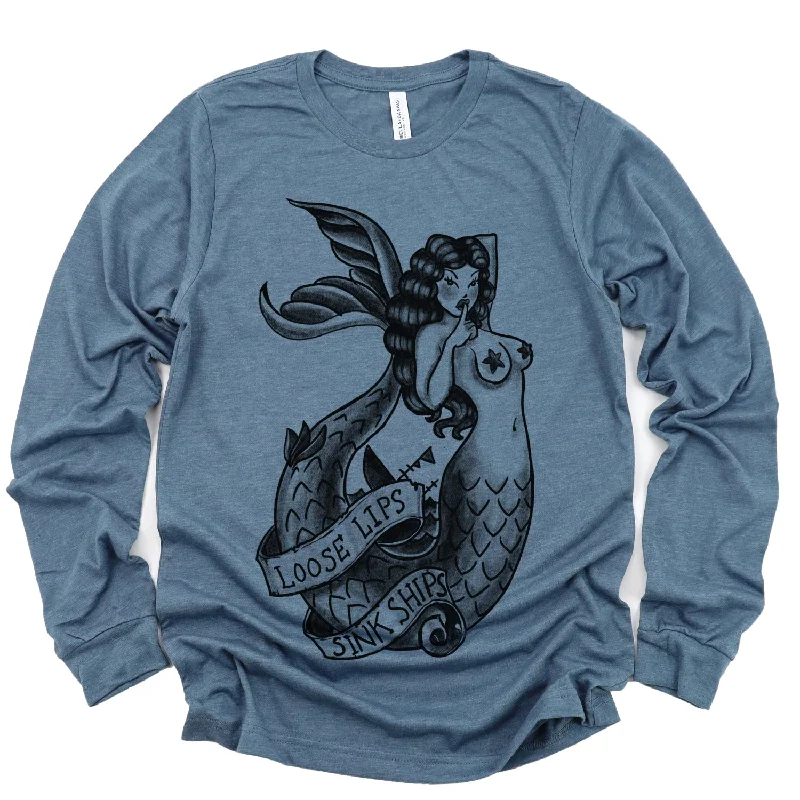 Navy Mermaid Long Sleeve T-shirt: Loose Lips Sink Ships Zippered Front Buttoned Front Snap Front