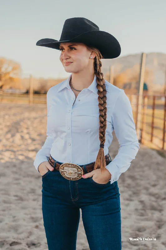 WHITE PERFORMANCE RODEO SHIRT (ADULT) Notch Collar Peter Pan Collar Cowl Neck