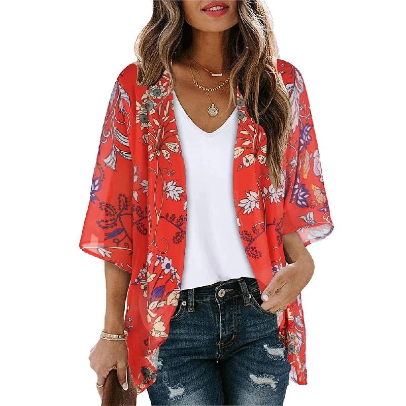 Open Front Beachwear Cover Up Kimono Style Shirt Denim Fabric Leather Fabric Suede Fabric