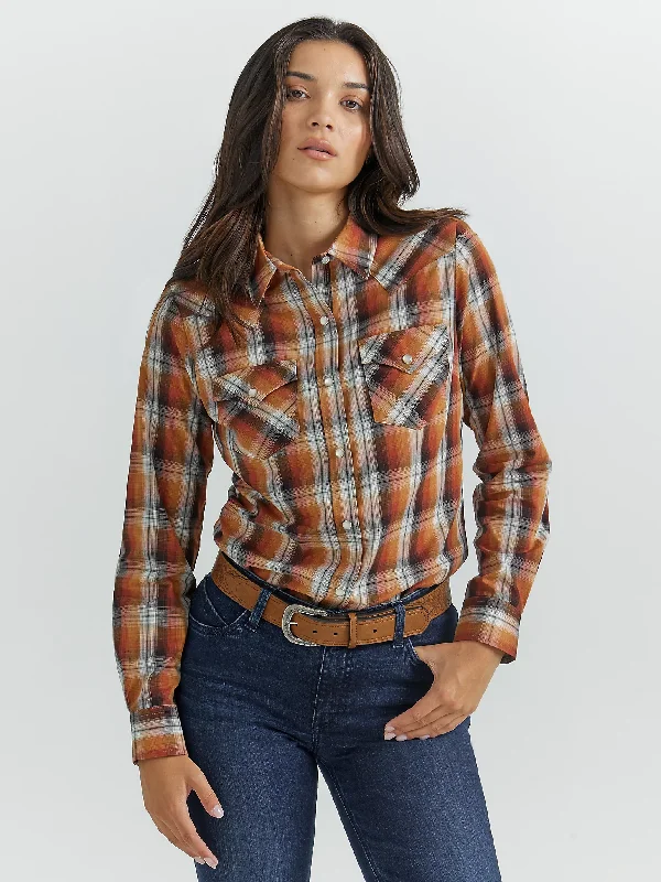 Wrangler® Women's Long Sleeve Plaid Western Shirt - Harvest Orange Handmade Hand-knitted Hand-woven