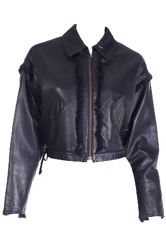 1991 Resort isaac Mizrahi Vintage Black Leather Jacket w Fur Trim Snapped Jacket Toggled Jacket Drawstring Jacket
