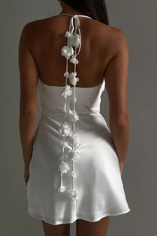 storexq 3D Flower Decor Elegant Halter Collar Mini Dress Trendy Lace Mini Dress