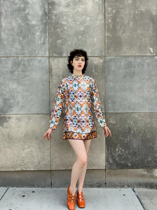 60s Pearl Orange Blue Psychedelic Mini Dress Trendy Mesh Mini Dress