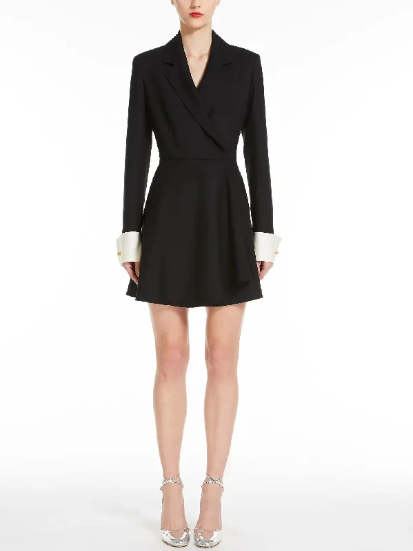 A-Line Black Blazer-Style Mini Dress with White Cuffs Trendy Wraparound Mini Dress