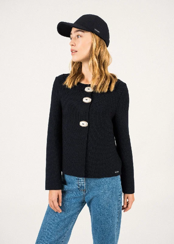 Adrets Réédit wool jacket - in garter stitch, with large buttons (NAVY) Wool Fabric Cashmere Fabric Tweed Fabric
