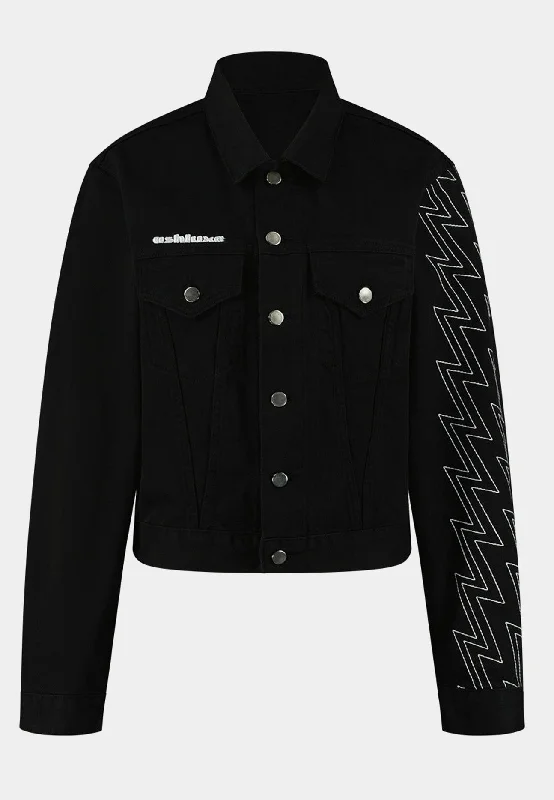 Ashluxe Men's Denim Trucker Jacket - Black Chenille Fabric Brocade Fabric Lace Fabric