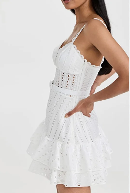 August Eyelet Mini Dress in White Fashionable Denim Mini Dress