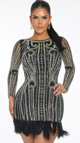 BANJUL Rhinestone Black Bodycon Mini Dress Classic Casual Mini Dress