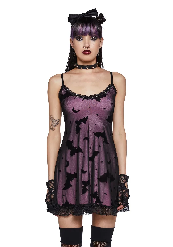 Bat Vibes Only Mini Dress - Pink Fashionable Lace-Trim Mini Dress
