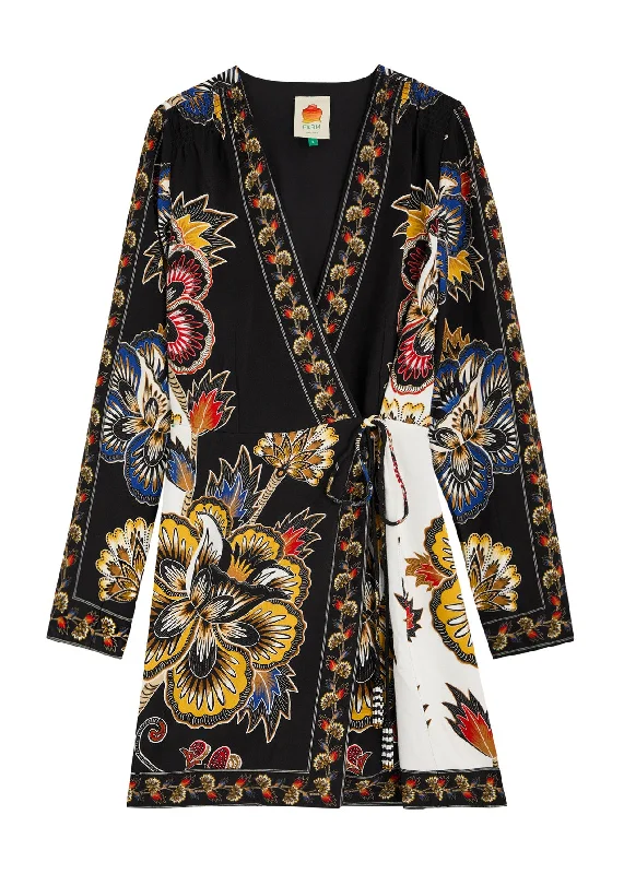 Farm Rio Women's Wrap Mini Dress, Maxi Floral Black Trendy Button-Detail Mini Dress