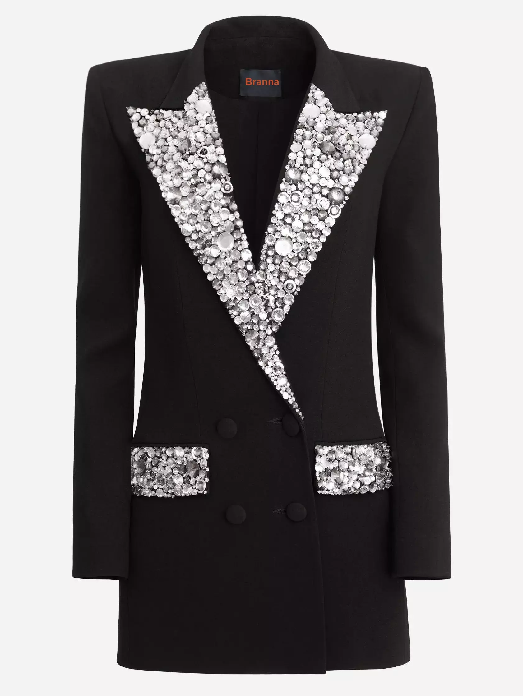 Black Cady Blazer-Mini Dress with Crystal-Embellished Collar and Pockets Elegant Vintage Mini Dress Black Cady Blazer-Mini Dress with Crystal-Embellished Collar and Pockets Elegant Vintage Mini Dress