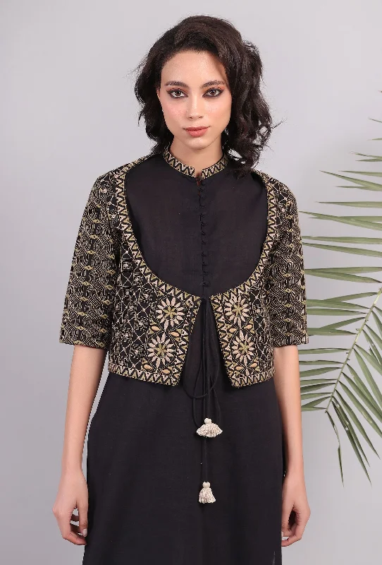 Black Front Tie Kantha Jacket Satin Fabric Silk Fabric Chiffon Fabric