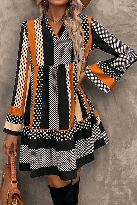 Blue Zone Planet | Black Striped Polka Dot Print Ruffled Hem V Neck Mini Dress Stylish Spaghetti Strap Mini Dress Blue Zone Planet | Black Striped Polka Dot Print Ruffled Hem V Neck Mini Dress Stylish Spaghetti Strap Mini Dress