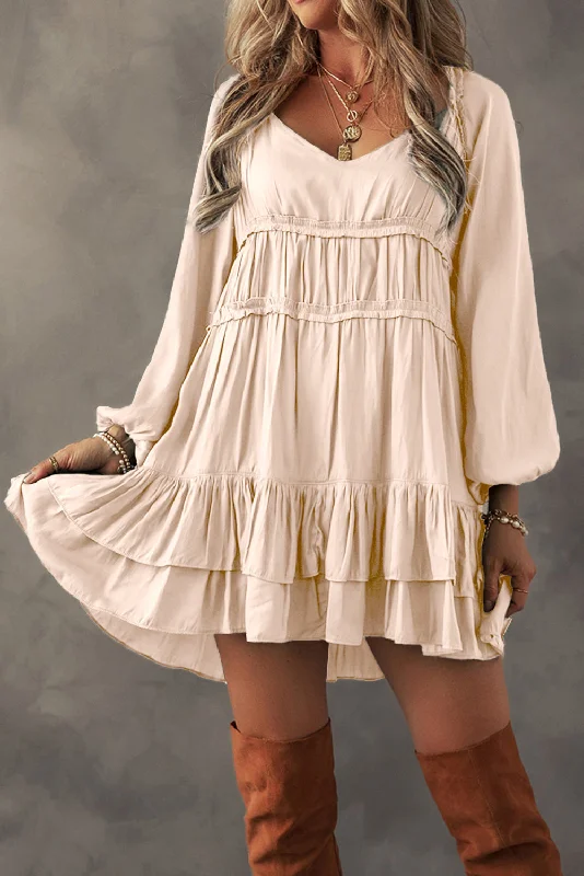 Blue Zone Planet |  Apricot Tiered Ruffled Puff Sleeve Loose Fit Mini Dress Stylish Plaid Mini Dress